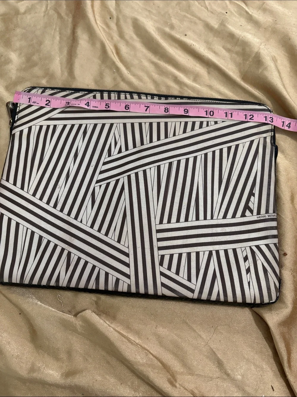 Vintage Henri Bendel Black & White Striped Zip Pouch with Blue and Yellow Stripe